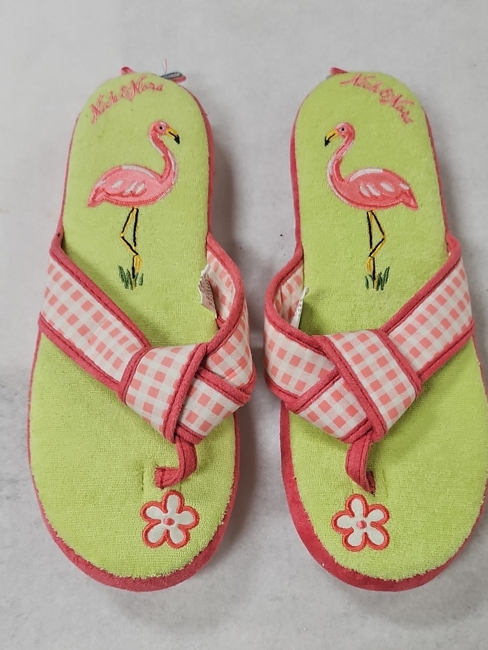 Nick & Nora Pink Flamingo Gingham Slide Sandals - Pink & Lime